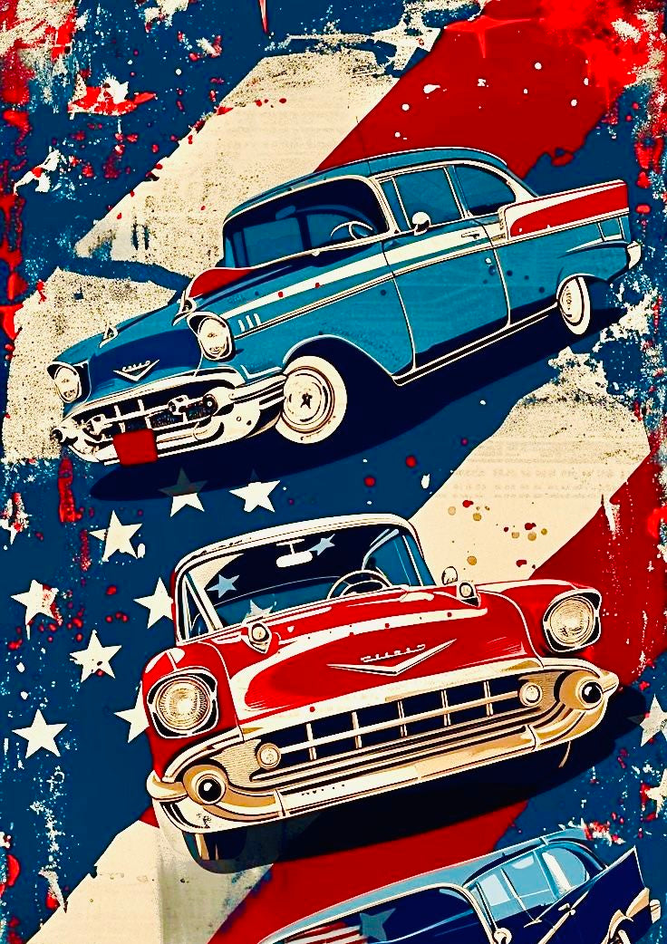 Poster Auto Americane Anni ’50 – Stile Vintage su Bandiera USA