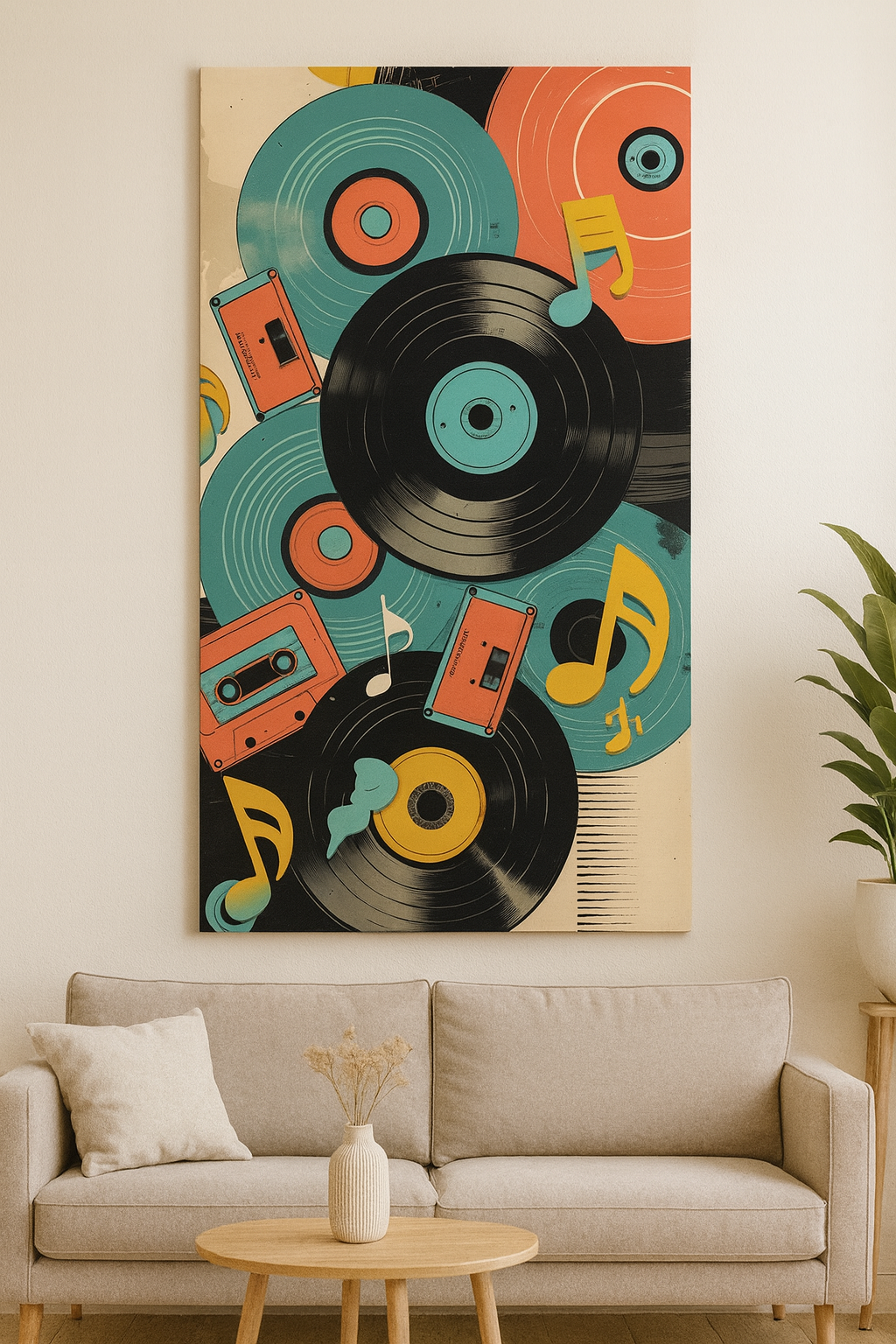 Poster Musica Vintage – Vinili e Cassette | Stile Retro Pop e Note Colorate