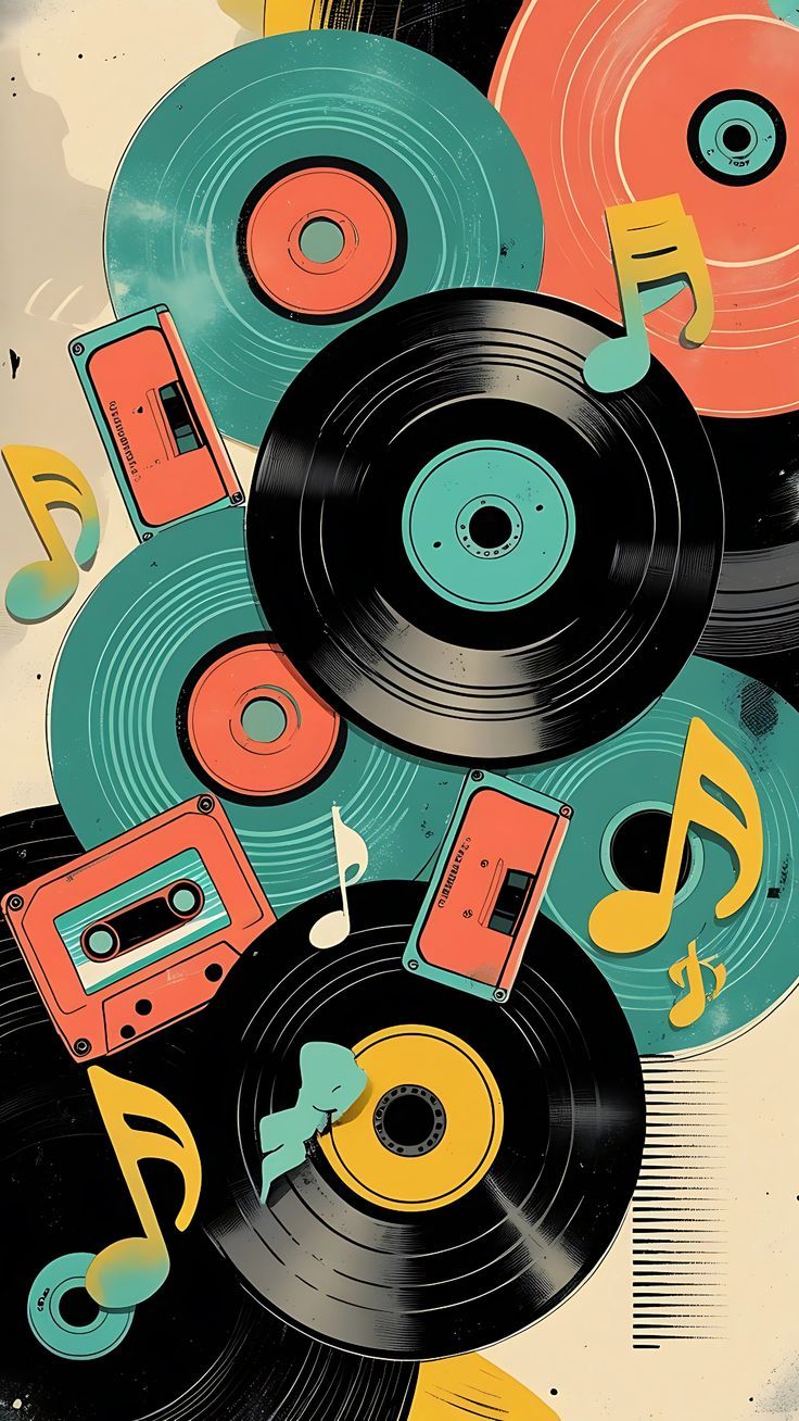 Poster Musica Vintage – Vinili e Cassette | Stile Retro Pop e Note Colorate
