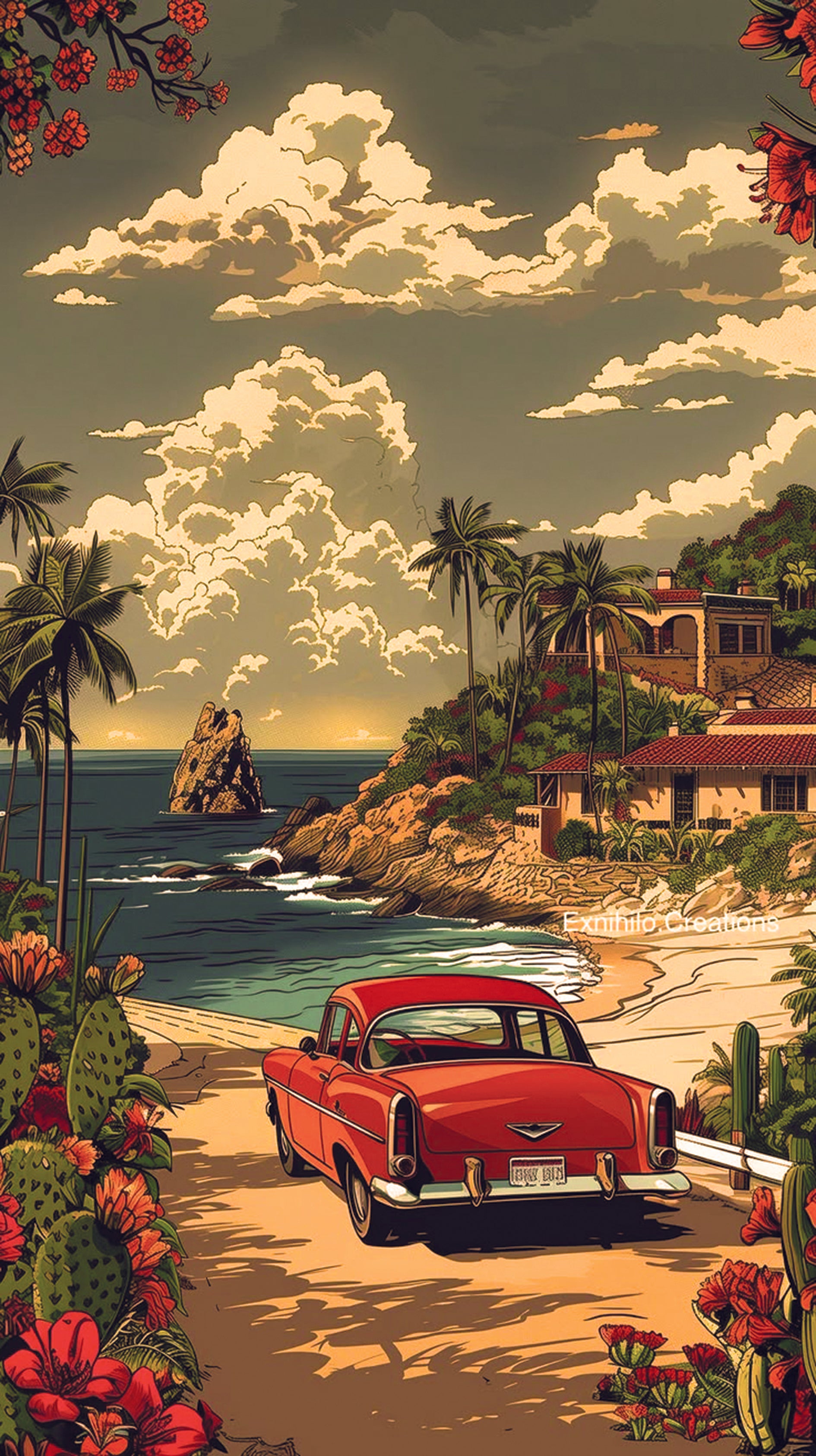 Poster Vintage Auto al Mare – Tramonto Tropicale | Viaggio on the road e stile retrò