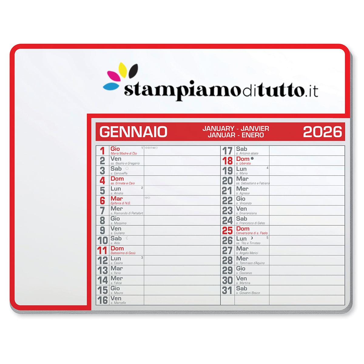 Tappetino mouse calendario 2025
