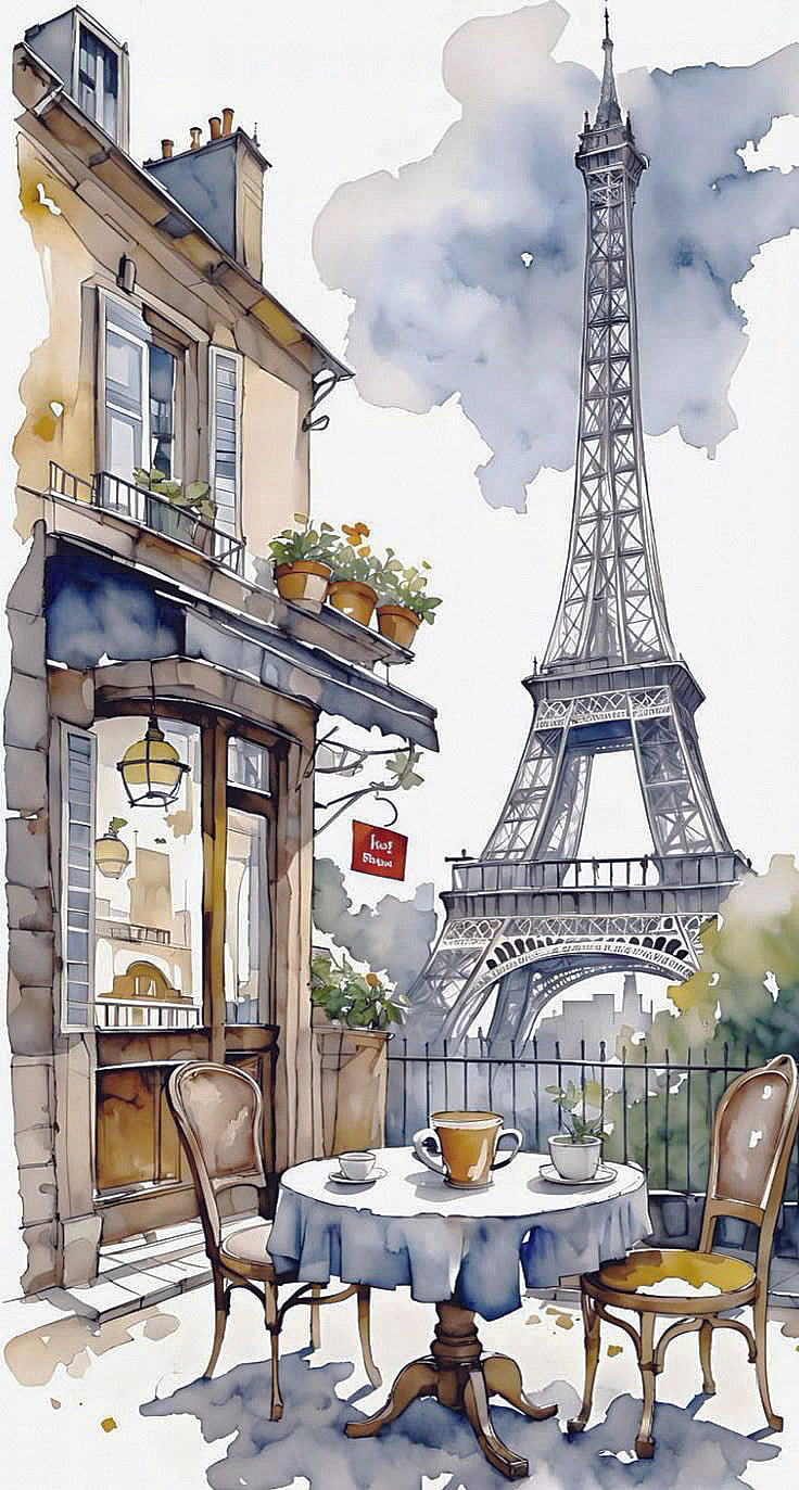 Poster Parigi Acquerello – Vista Caffè & Torre Eiffel | Atmosfera Romantica Francese