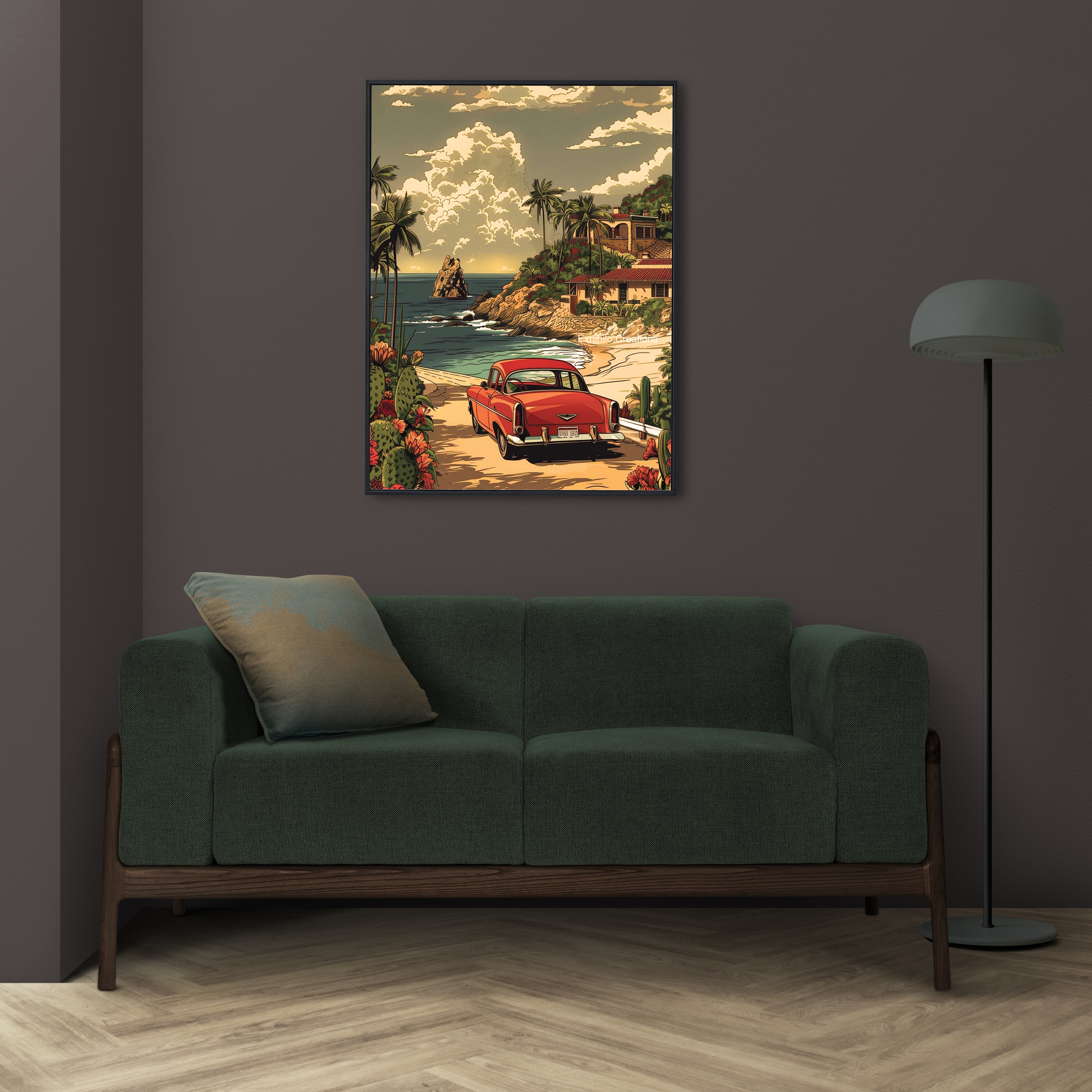 Poster Vintage Auto al Mare – Tramonto Tropicale | Viaggio on the road e stile retrò