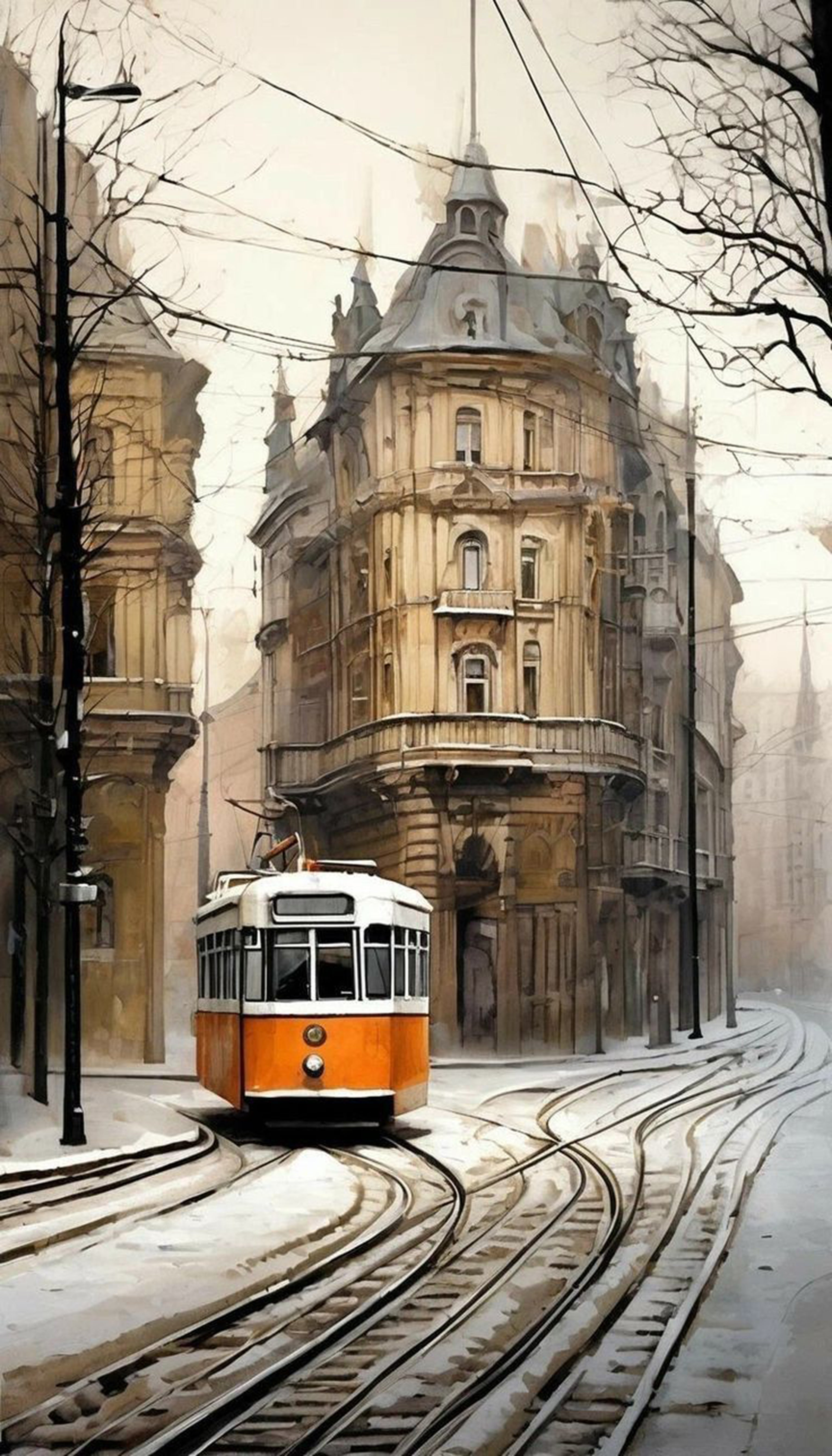 Poster Tram Vintage – Città d’Inverno | Eleganza Urbana e Fascino Retrò