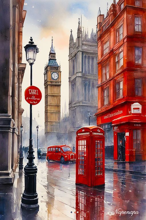 Poster Londra – Pioggia su Big Ben | Cabine Rosse e Atmosfera Iconica