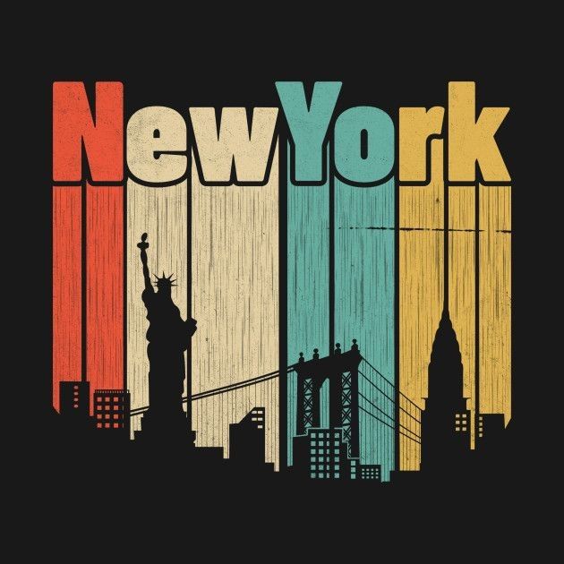 Poster New York Vintage – Skyline con Statue e Ponti Stilizzati