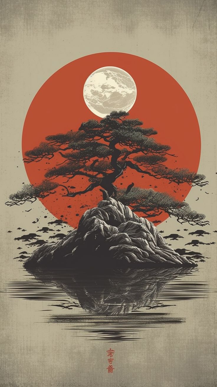 Poster Bonsai e Luna Rossa – Arte Giapponese Zen Minimal